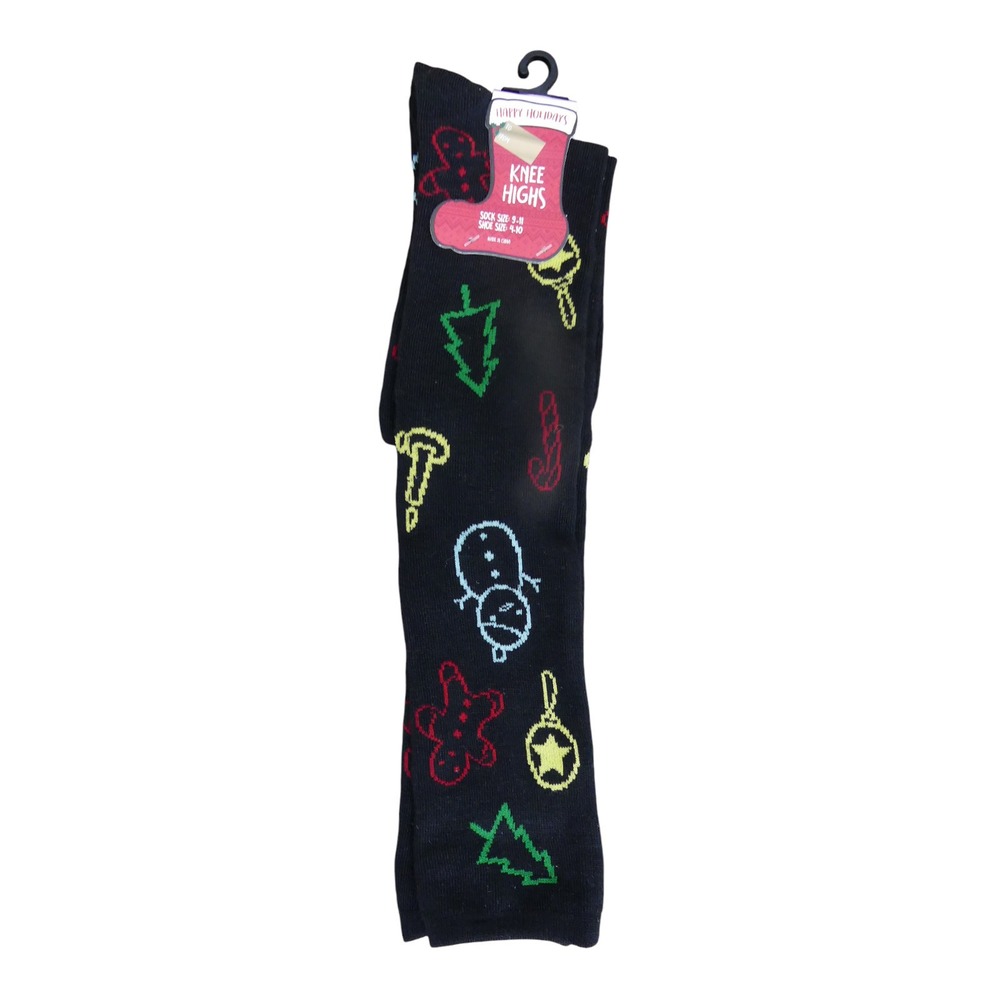 Gina Group Knee High Socks Womens 9-11 Black New Holiday Snowman Gingerbread